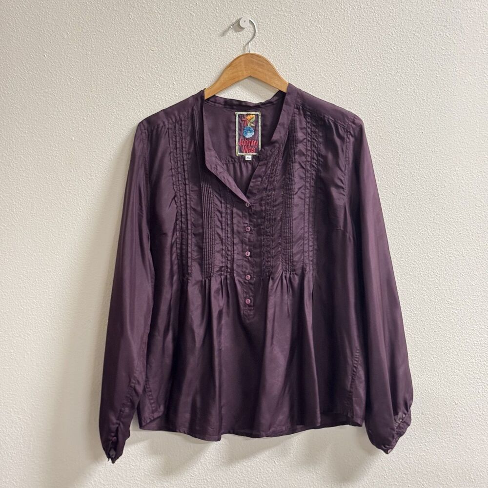 Johnny Was XL Purple 100% Silk Pintuck Pleated Blouse Long Sleeve